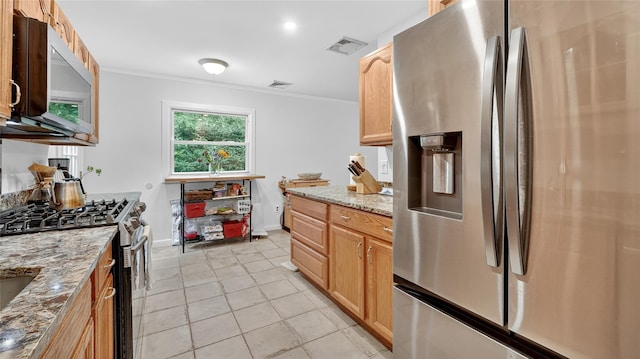 7 Kings Ln, Montrose, NY 10548 - kitchen with appliances with stainless steel finishes, crown molding, light tile patterned floors, light stone countertops, and light brown cabinetry