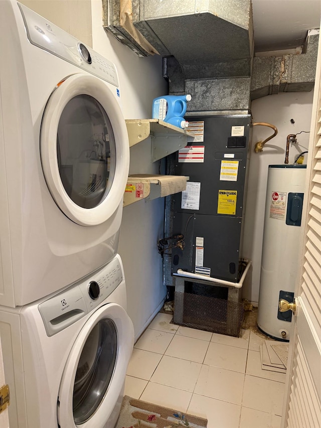 1012 Skyline Dr, Coram, NY 11727 - washroom with water heater, estacked washer and dryer, and tile patterned floors