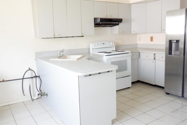 40 Gettysburg Dr, Holbrook, NY 11741 - kitchen featuring stainless steel fridge, white range with electric stovetop, under cabinet range hood, a peninsula, and light countertops
