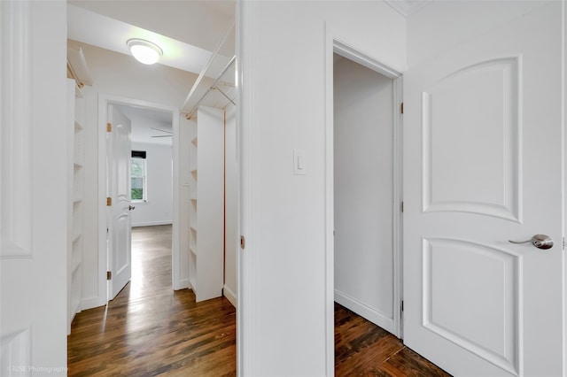 39-60 52nd St Unit 4F, Woodside, NY 11377 - hall featuring dark wood-style floors and built in shelves