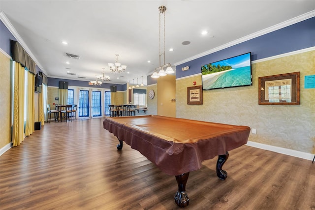 84 Jasmine Dr, Middletown, NY 10940 - recreation room with wood finished floors, crown molding, wallpapered walls, recessed lighting, and pool table