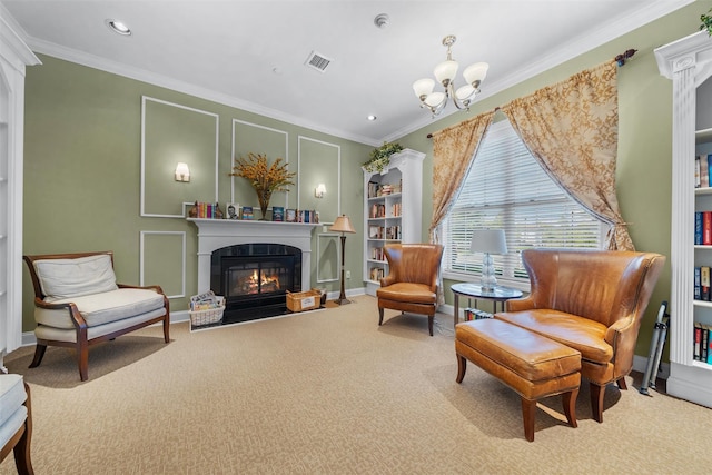 84 Jasmine Dr, Middletown, NY 10940 - sitting room with carpet flooring, a fireplace with flush hearth, a chandelier, crown molding, and recessed lighting