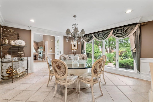 6 Laurelwood Ct, Dix Hills, NY 11746 - dining area with ornamental molding, a chandelier, light tile patterned floors, a wainscoted wall, and recessed lighting