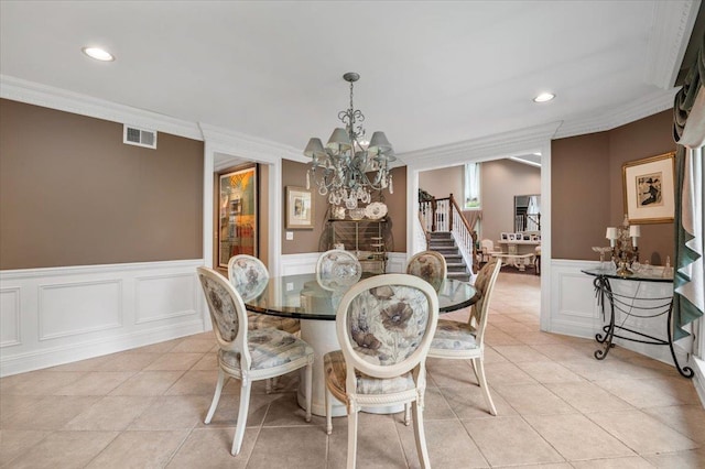 6 Laurelwood Ct, Dix Hills, NY 11746 - dining area featuring a chandelier, stairs, recessed lighting, ornamental molding, and light tile patterned floors