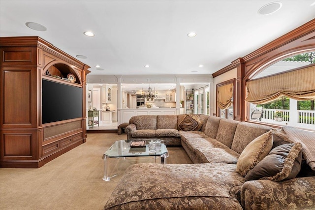 6 Laurelwood Ct, Dix Hills, NY 11746 - living room featuring light colored carpet, recessed lighting, and crown molding
