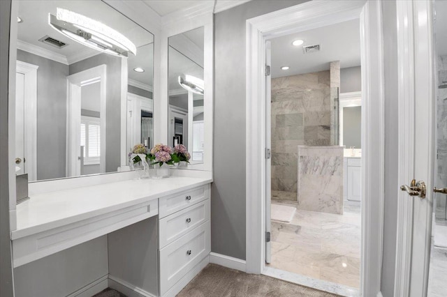 6 Laurelwood Ct, Dix Hills, NY 11746 - bathroom with ornamental molding, vanity, a tile shower, and recessed lighting