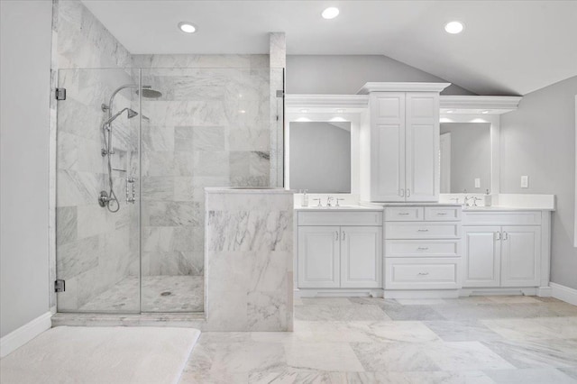 6 Laurelwood Ct, Dix Hills, NY 11746 - full bath featuring a shower stall, double vanity, recessed lighting, vaulted ceiling, and marble finish floors