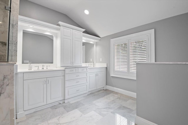 6 Laurelwood Ct, Dix Hills, NY 11746 - bathroom with vaulted ceiling, double vanity, marble finish flooring, and recessed lighting