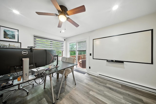 2 Woodland Way N, Ellenville, NY 12428 - home office featuring a baseboard radiator, wood finished floors, a ceiling fan, and recessed lighting