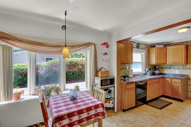 178 Magnolia Dr, Mastic Beach, NY 11951 - kitchen with black dishwasher, stainless steel microwave, light tile patterned flooring, hanging light fixtures, and crown molding