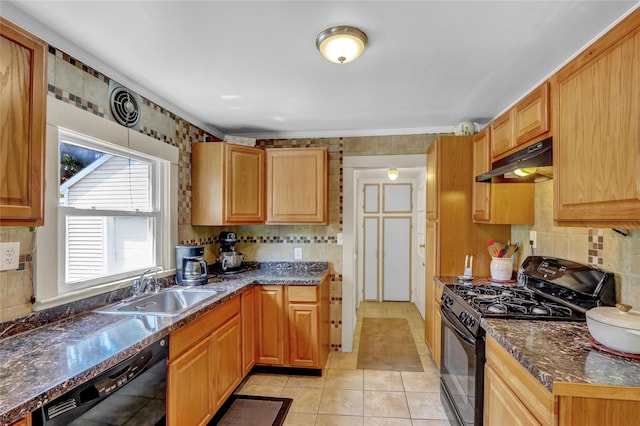 178 Magnolia Dr, Mastic Beach, NY 11951 - kitchen with black appliances, under cabinet range hood, light tile patterned floors, decorative backsplash, and crown molding