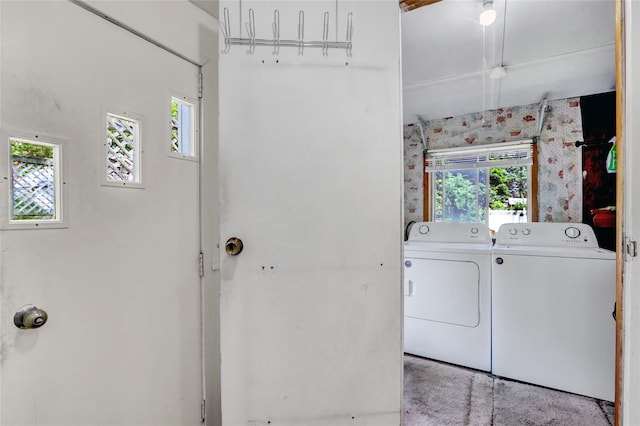 178 Magnolia Dr, Mastic Beach, NY 11951 - laundry room featuring independent washer and dryer, healthy amount of natural light, and wallpapered walls