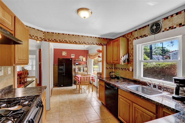 178 Magnolia Dr, Mastic Beach, NY 11951 - kitchen featuring black appliances, light tile patterned flooring, decorative backsplash, ventilation hood, and ornamental molding