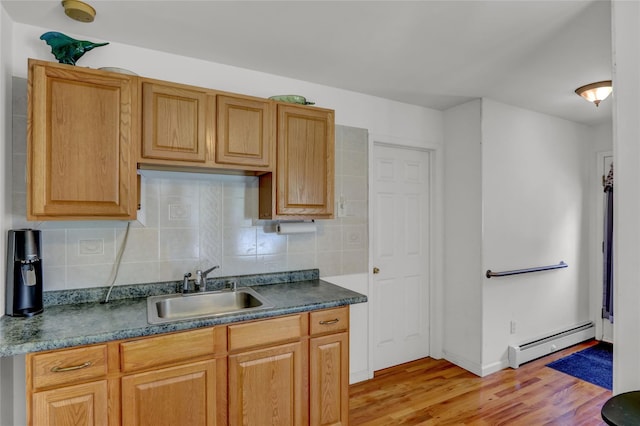 178 Magnolia Dr, Mastic Beach, NY 11951 - kitchen featuring a baseboard heating unit, light wood finished floors, tasteful backsplash, and dark countertops
