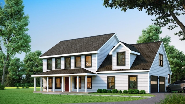 34 Peale Pl, Montgomery, NY 12549 - view of front facade with a porch, a garage, a front lawn, driveway, and roof with shingles