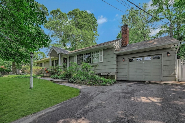 18 Huyler Ct, Setauket, NY 11733 - single story home with a garage, a front yard, a chimney, and driveway