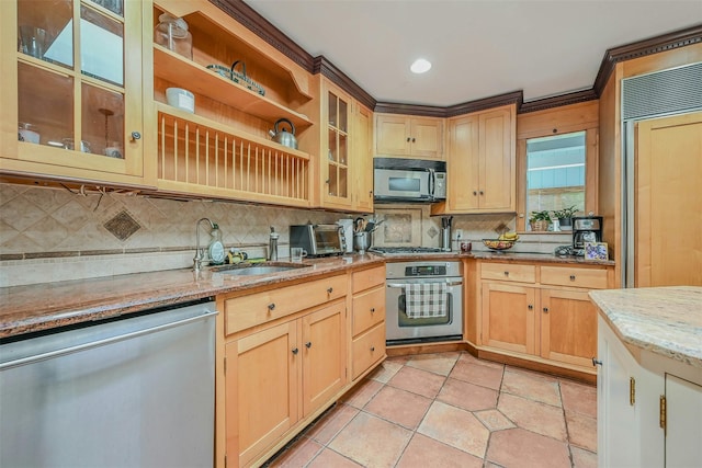 18 Huyler Ct, Setauket, NY 11733 - kitchen with appliances with stainless steel finishes, backsplash, light brown cabinets, light tile patterned flooring, and light stone counters