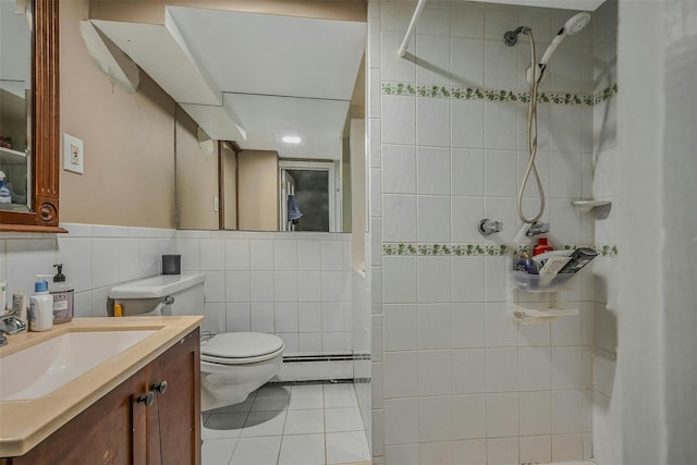 18 Huyler Ct, Setauket, NY 11733 - full bathroom with a tile shower, a baseboard heating unit, tile patterned flooring, tile walls, and vanity