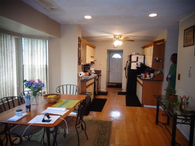 113 Camille Ln, East Patchogue, NY 11772 - dining space featuring light wood-style flooring, ceiling fan, and recessed lighting