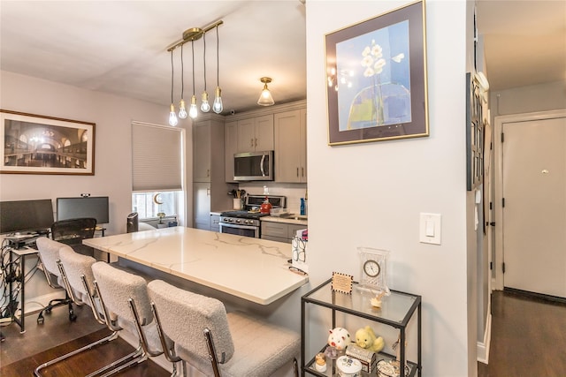 30-47 Hobart St Unit 6, Woodside, NY 11377 - kitchen featuring appliances with stainless steel finishes, wood finished floors, gray cabinetry, a breakfast bar area, and a peninsula