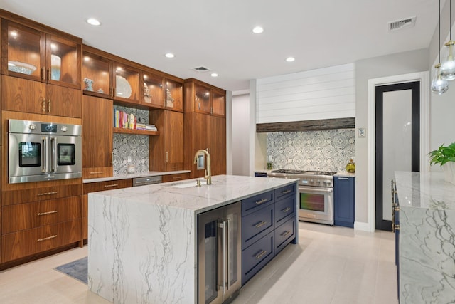 317 Old Mill Rd, Nissequogue, NY 11780 - kitchen with appliances with stainless steel finishes, beverage cooler, backsplash, open shelves, and recessed lighting