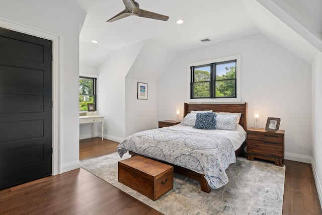 317 Old Mill Rd, Nissequogue, NY 11780 - bedroom featuring vaulted ceiling, wood finished floors, ceiling fan, and recessed lighting