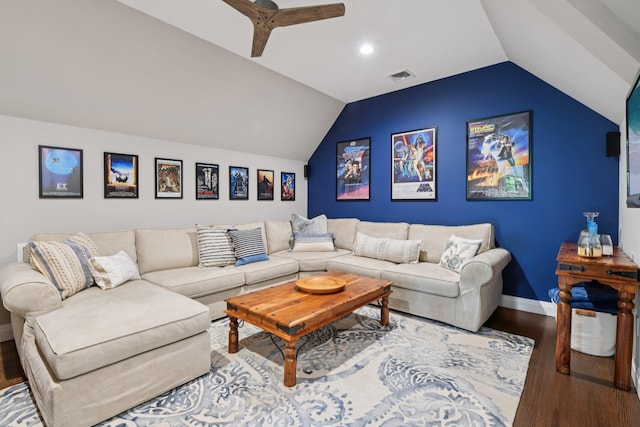 317 Old Mill Rd, Nissequogue, NY 11780 - living area with wood finished floors, ceiling fan, vaulted ceiling, and recessed lighting