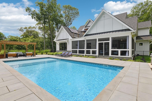 317 Old Mill Rd, Nissequogue, NY 11780 - outdoor pool featuring a pergola, a sunroom, an outdoor hangout area, and a patio