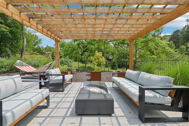 317 Old Mill Rd, Nissequogue, NY 11780 - view of patio with outdoor lounge area, view of scattered trees, and a pergola