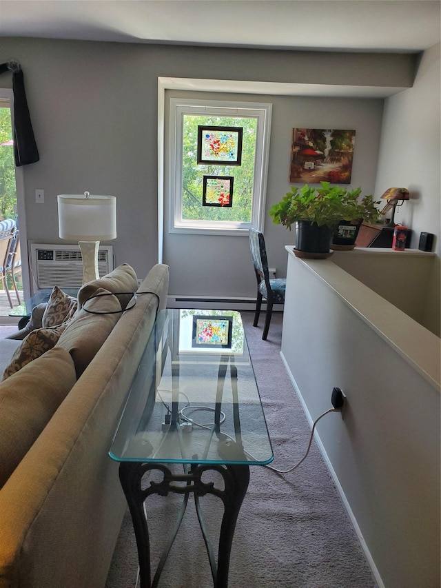 1106 Parkview Dr, Southfields, NY 10975 - living area featuring carpet flooring, a wall mounted air conditioner, and a baseboard radiator