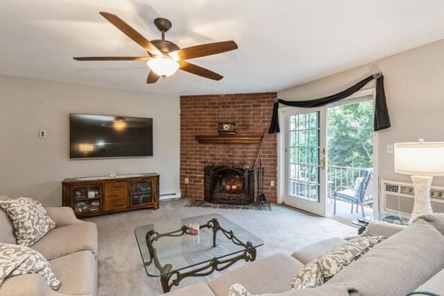 1106 Parkview Dr, Southfields, NY 10975 - carpeted living room with a fireplace, ceiling fan, and a baseboard radiator