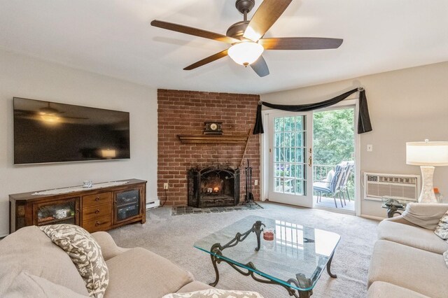 1106 Parkview Dr, Southfields, NY 10975 - living area featuring a wall mounted AC, carpet, a ceiling fan, and a fireplace