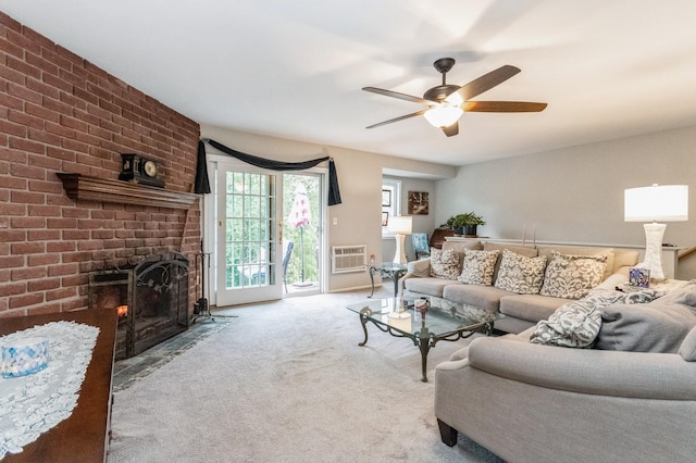 1106 Parkview Dr, Southfields, NY 10975 - carpeted living area with a ceiling fan, a brick fireplace, and a wall mounted AC