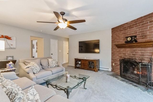 1106 Parkview Dr, Southfields, NY 10975 - living area with a baseboard radiator, carpet, ceiling fan, and a brick fireplace