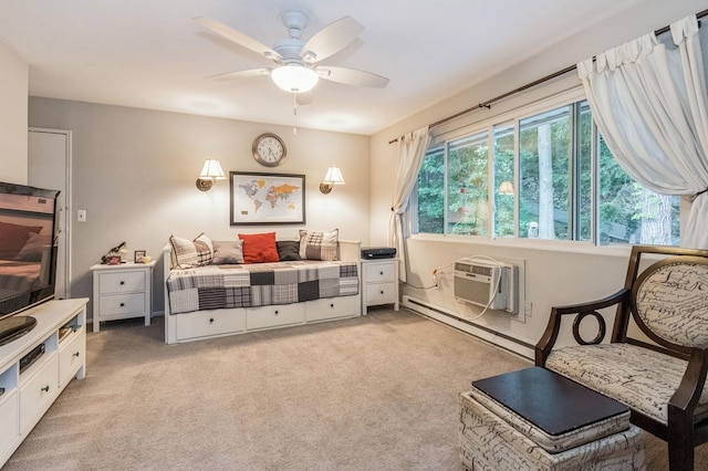 1106 Parkview Dr, Southfields, NY 10975 - bedroom featuring baseboard heating, light colored carpet, a wall unit AC, and ceiling fan