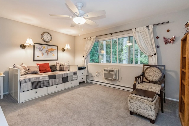 1106 Parkview Dr, Southfields, NY 10975 - carpeted bedroom featuring a baseboard radiator, an AC wall unit, and ceiling fan