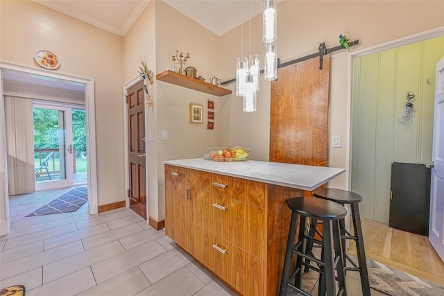 129 Guenther Ave, Valley Stream, NY 11580 - kitchen with light countertops, crown molding, a barn door, a kitchen bar, and pendant lighting