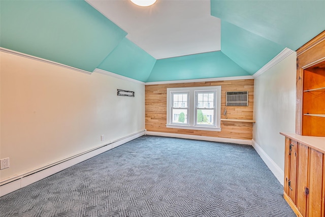 129 Guenther Ave, Valley Stream, NY 11580 - unfurnished room with wood walls, a baseboard radiator, lofted ceiling, carpet floors, and a wall unit AC
