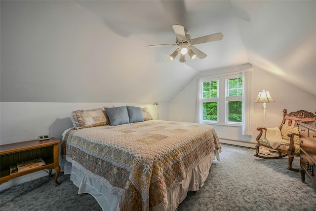 56 Locust Dr, Rocky Point, NY 11778 - carpeted bedroom featuring baseboard heating, vaulted ceiling, and a ceiling fan