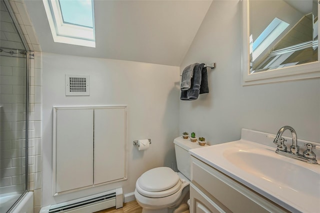 56 Locust Dr, Rocky Point, NY 11778 - full bath with a baseboard heating unit, a skylight, lofted ceiling, vanity, and combined bath / shower with glass door