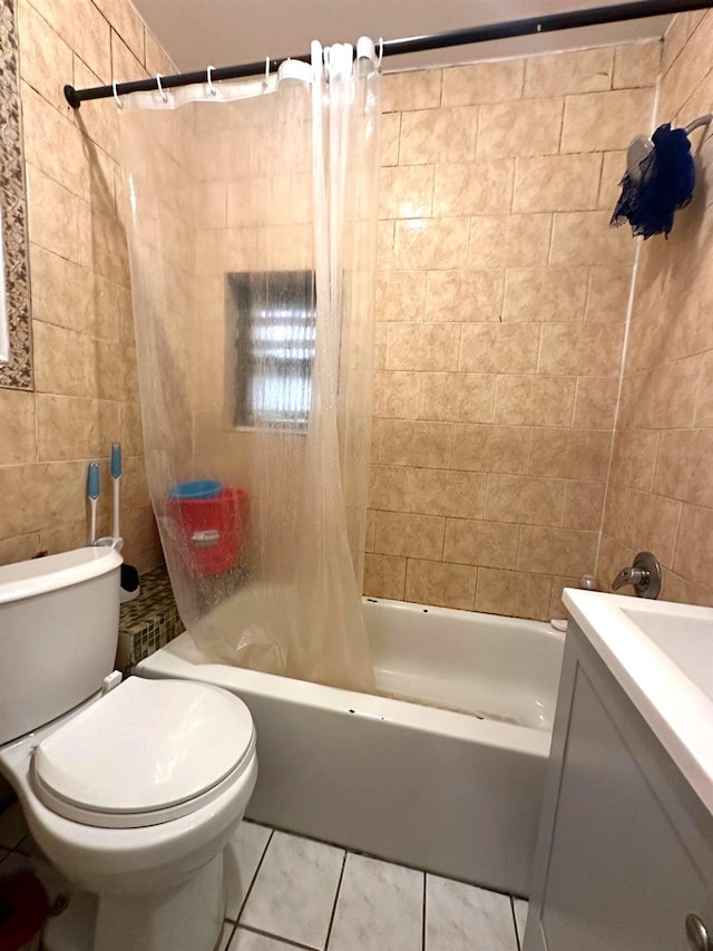 110 Beech St, Yonkers, NY 10701 - full bathroom featuring tile walls, shower / tub combo with curtain, tile patterned flooring, and vanity