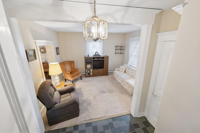 45 Crosby Ave, Albertson, NY 11507 - living room with dark carpet, a chandelier, and a baseboard heating unit