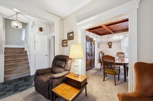 45 Crosby Ave, Albertson, NY 11507 - living area featuring a chandelier, stairway, carpet, and beam ceiling