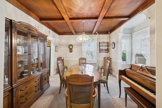 45 Crosby Ave, Albertson, NY 11507 - dining room with light carpet, a chandelier, coffered ceiling, beamed ceiling, and cooling unit