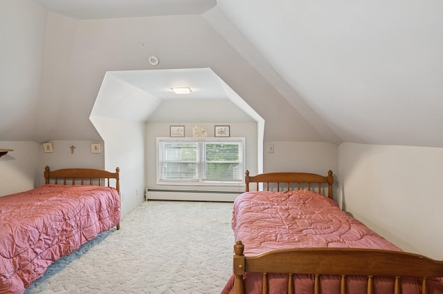 45 Crosby Ave, Albertson, NY 11507 - carpeted bedroom featuring baseboard heating and lofted ceiling
