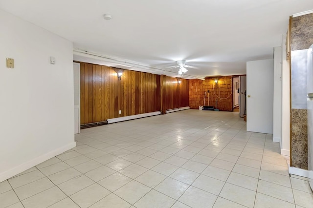 200-06 39th Ave, Bayside, NY 11361 - unfurnished room with a baseboard heating unit, wood walls, light tile patterned flooring, and ceiling fan