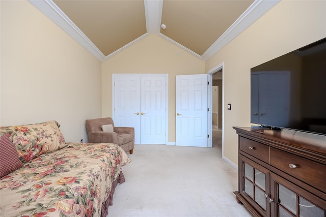 164 Ira Rd, Mount Sinai, NY 11766 - bedroom with crown molding, light carpet, lofted ceiling, and a closet