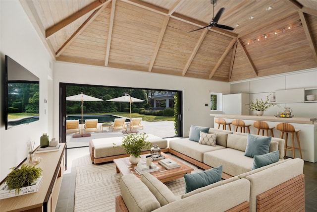 3 Terrace Cir, Armonk, NY 10504 - living area with a wood ceiling with exposed beams, high vaulted ceiling, and ceiling fan