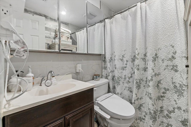 7 Pine Tree Dr, Shirley, NY 11967 - bathroom with vanity, backsplash, tile walls, and a shower with shower curtain