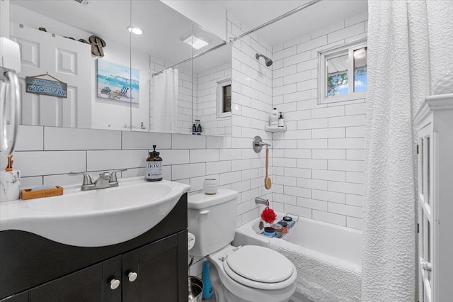 7 Pine Tree Dr, Shirley, NY 11967 - full bath featuring vanity, shower / bathtub combination with curtain, tile walls, and tasteful backsplash